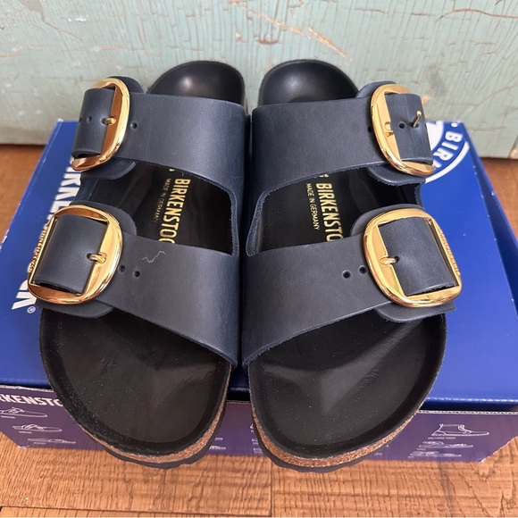 NIB Birkenstock Arizona Big Buckle Leather Navy Gold Womens 11 Narrow EU42 - Picture 6 of 13